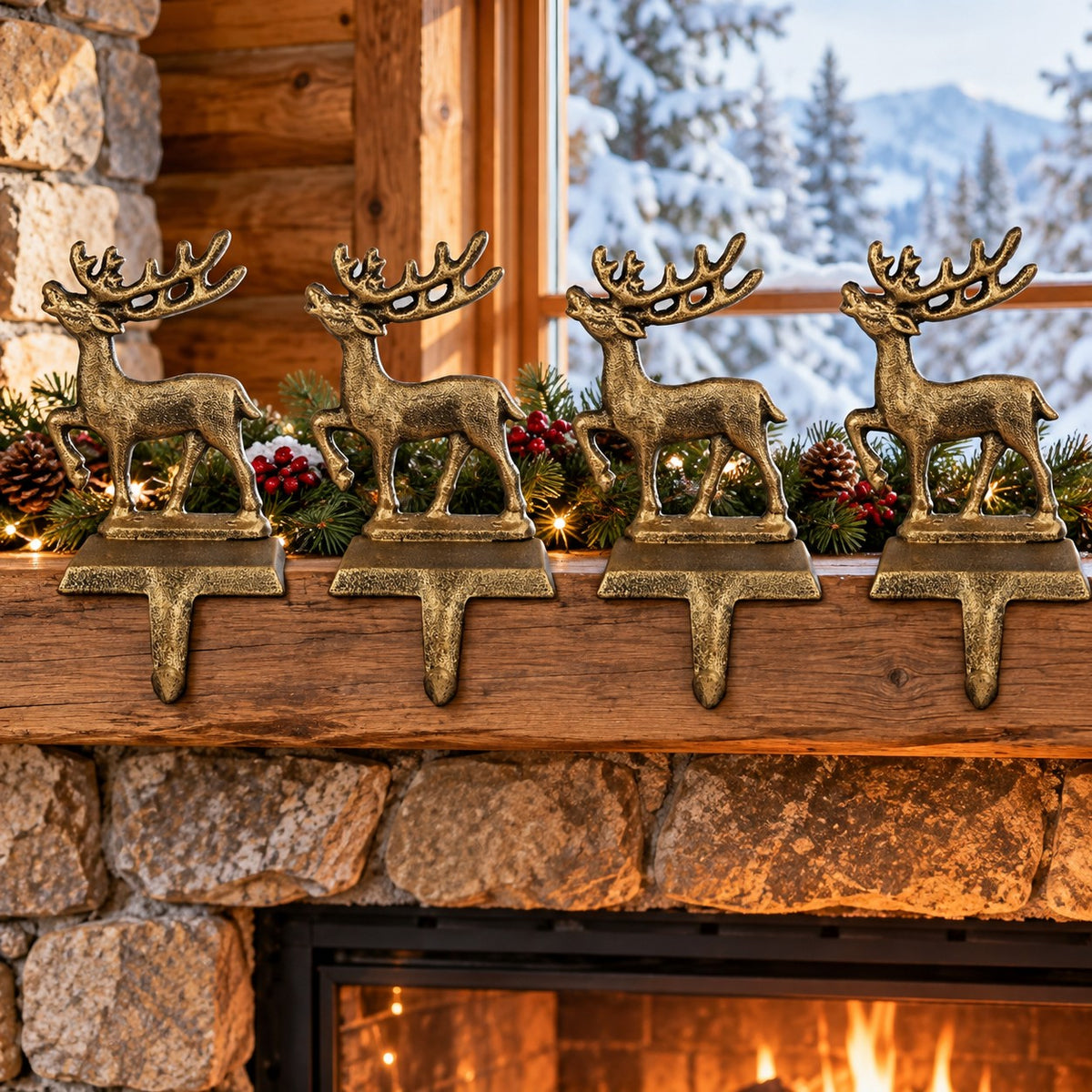 Cast Iron Reindeer Stocking Holders for Mantel, Bronze, Set of 4