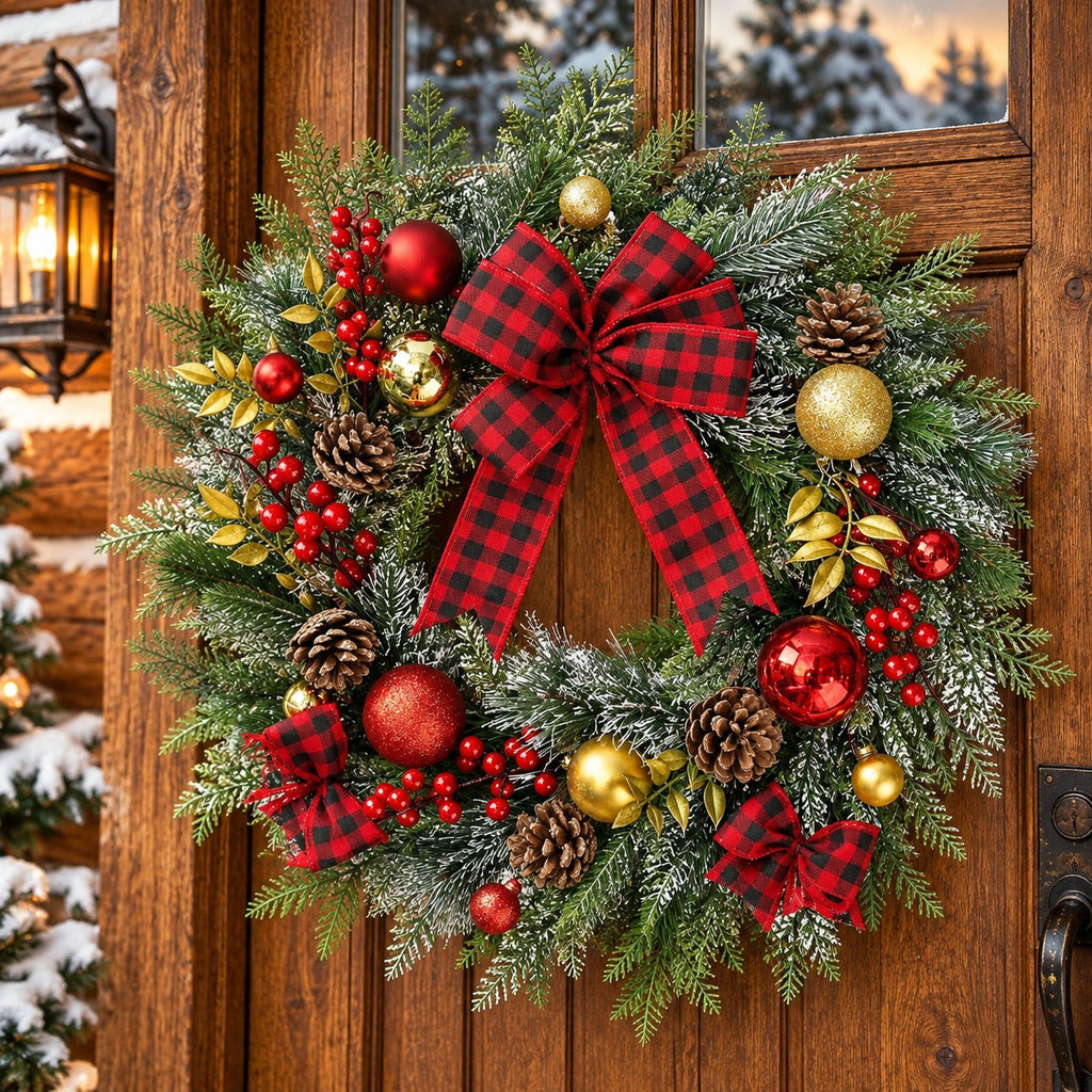 Pine Christmas Wreath with Red Berries, Pine Cones and Buffalo Plaid Bow, 20 Inch