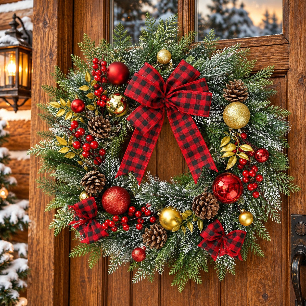 Pine Christmas Wreath with Red Berries, Pine Cones and Buffalo Plaid Bow, 20 Inch