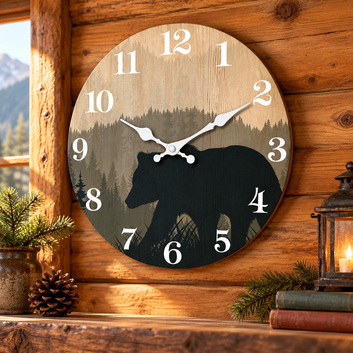 Cabin Bear Wall Clock, 10 Inch Silent