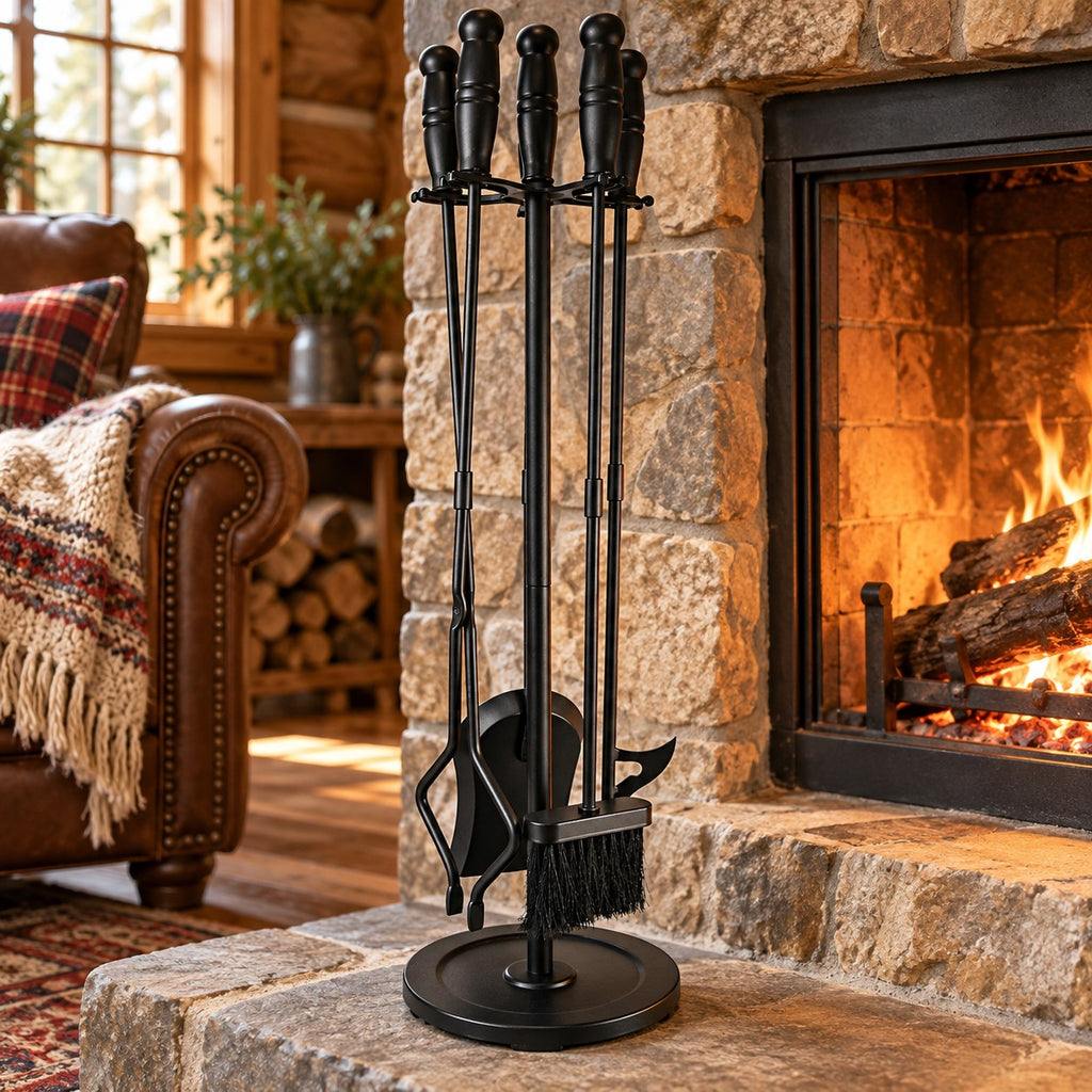 Black Wrought Iron Fireplace Tool Set with Stand, 5 Piece, 31.5 Inch
