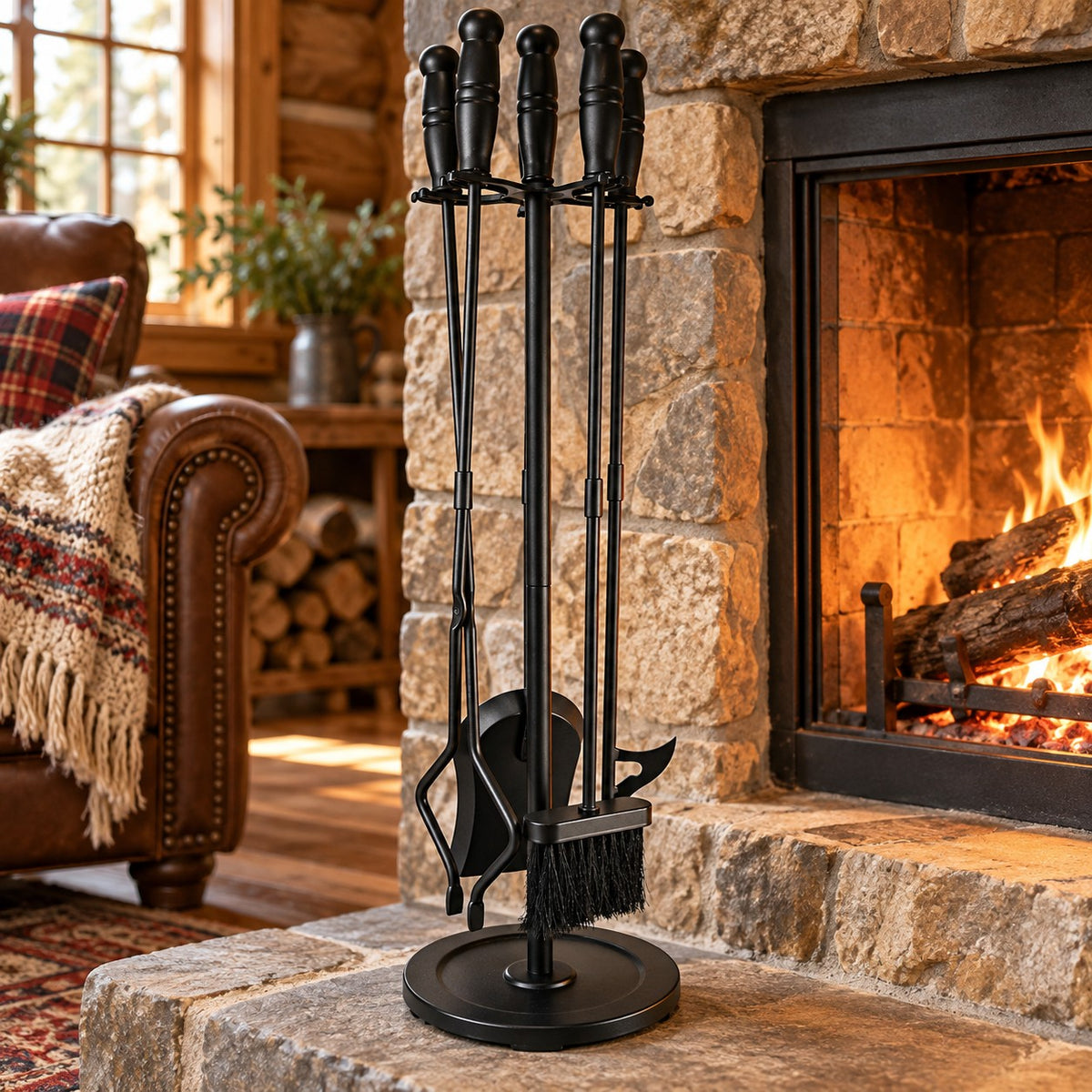 Black Wrought Iron Fireplace Tool Set with Stand, 5 Piece, 31.5 Inch
