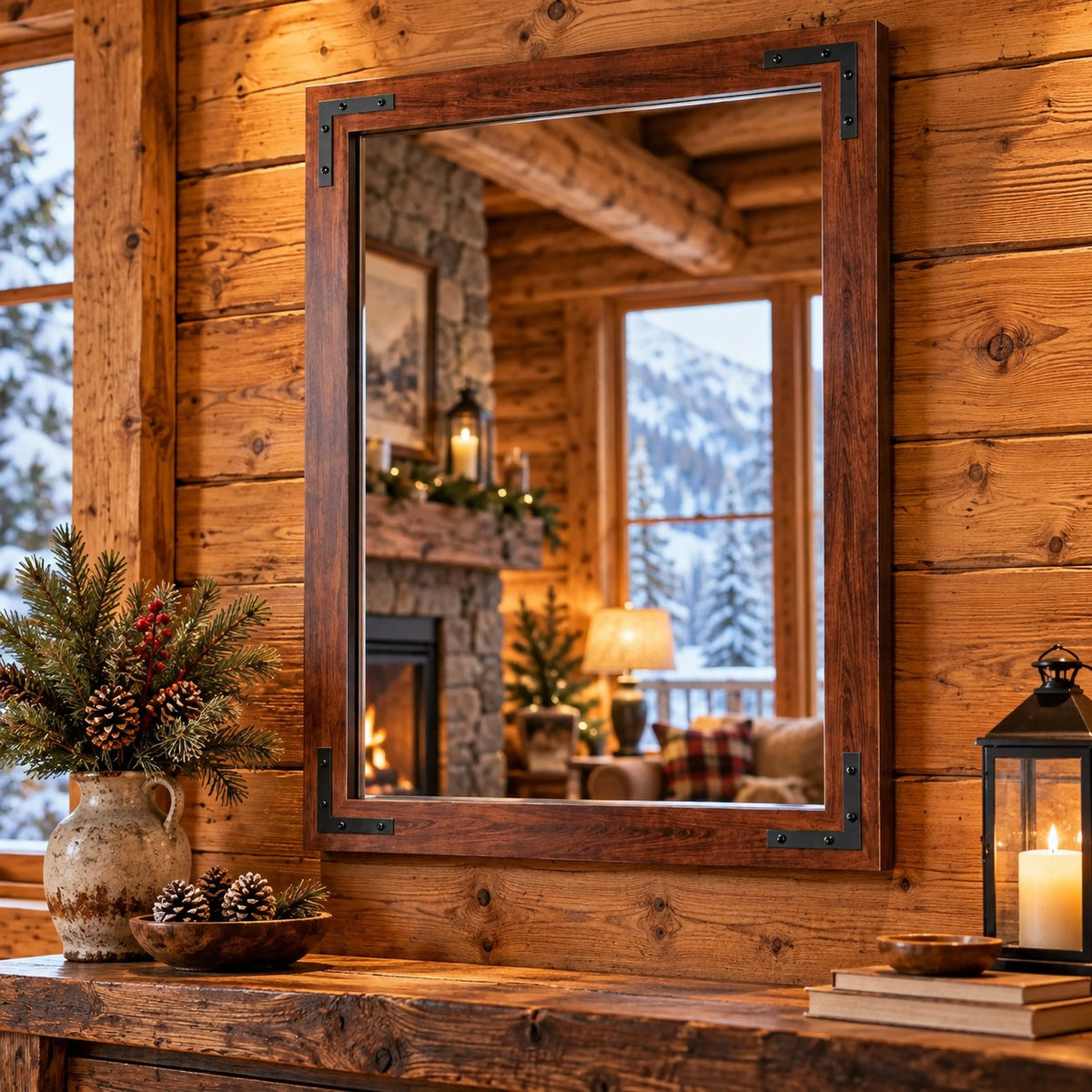 Rustic Wood Framed Wall Mirror, 24 x 32 Inch Walnut
