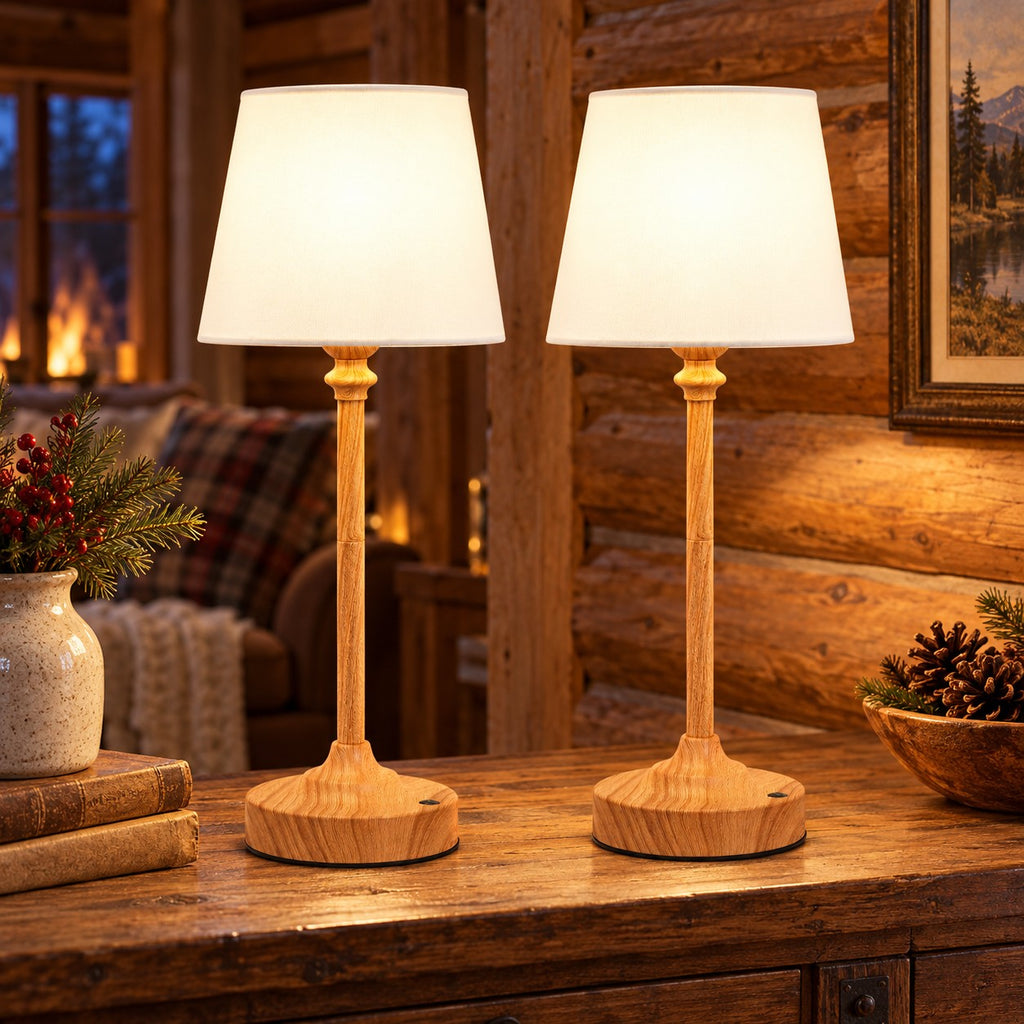 Cordless Rechargeable Wood Base Table Lamps, Dimmable, Set of 2