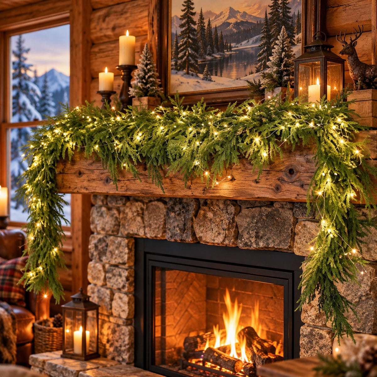 Lighted Real Touch Winter Pine Garland, 6 Ft, Battery Operated