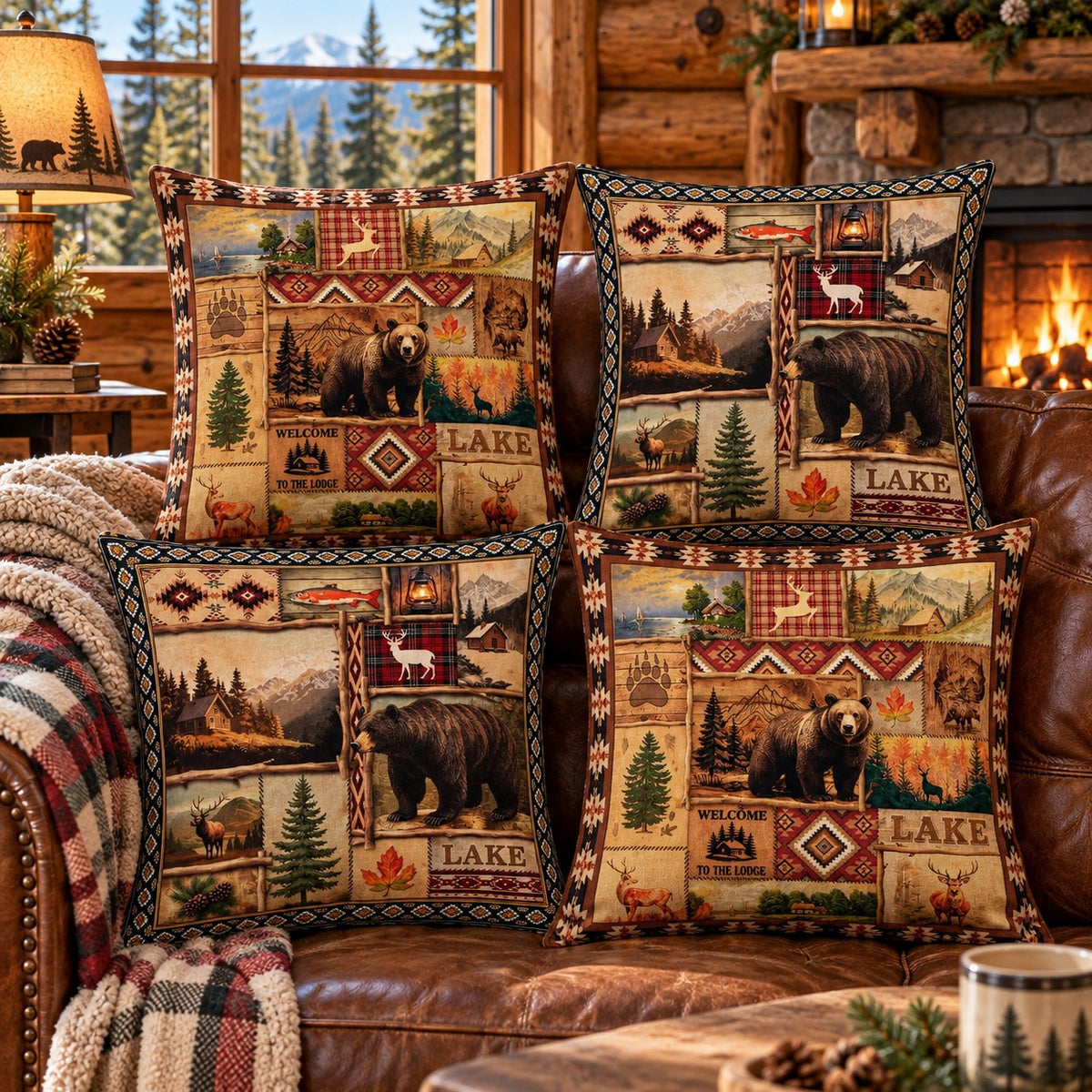 Rustic Lodge Bear Throw Pillow Covers, 18 x 18, Set of 4