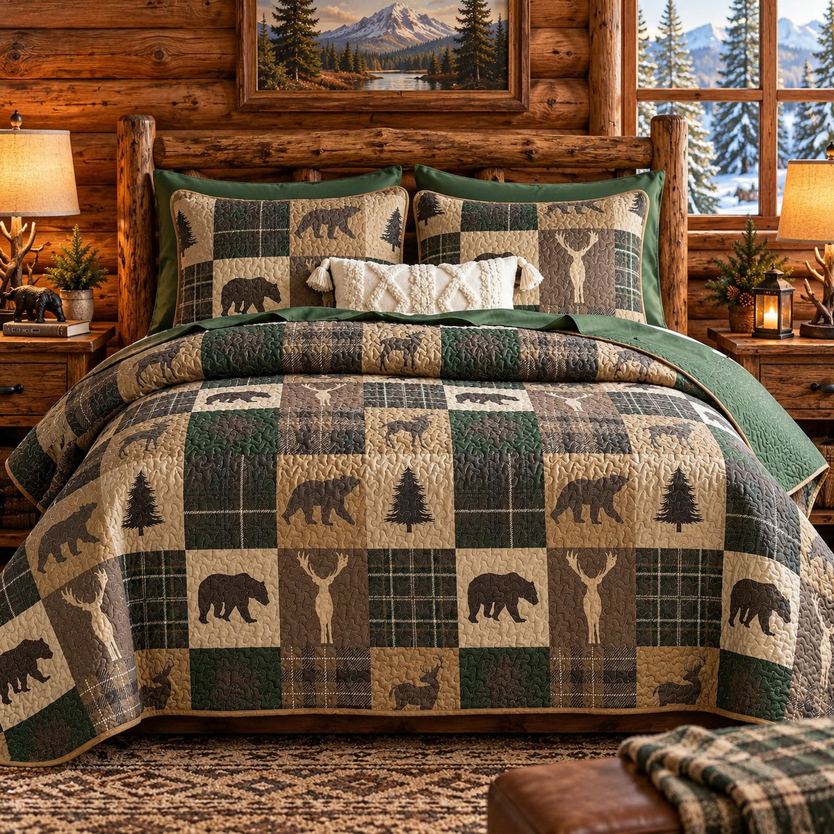 Wildlife Patchwork Cabin Quilt Set, Bear Moose Deer, Queen/Full, 3 Piece