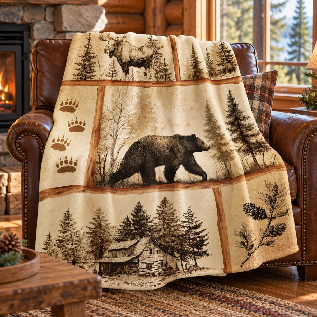 Vintage Bear and Moose Cabin Throw Blanket, 50 x 60