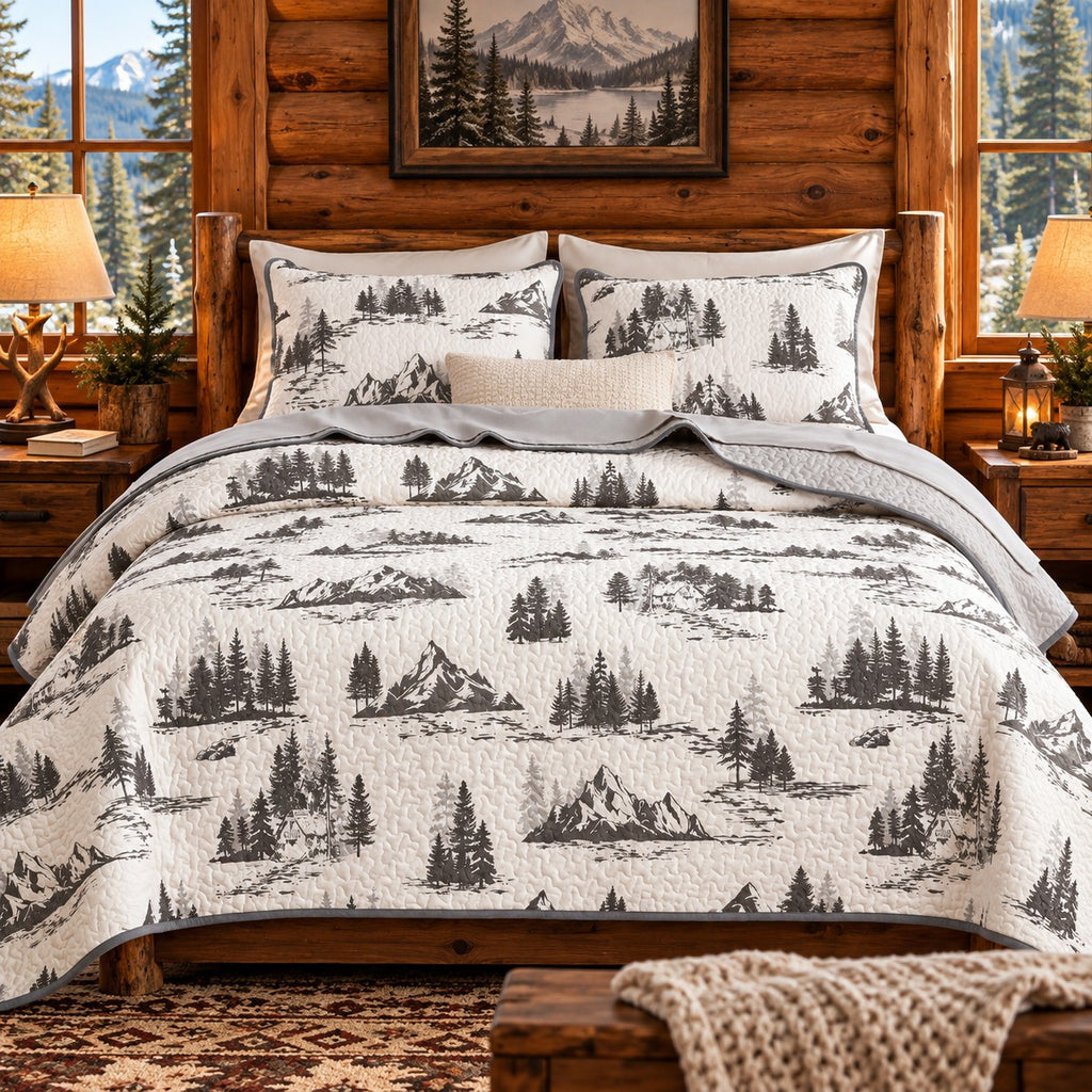 Forest Pine and Mountain Quilt Set, Queen/Full, 3 Piece Lodge Bedding