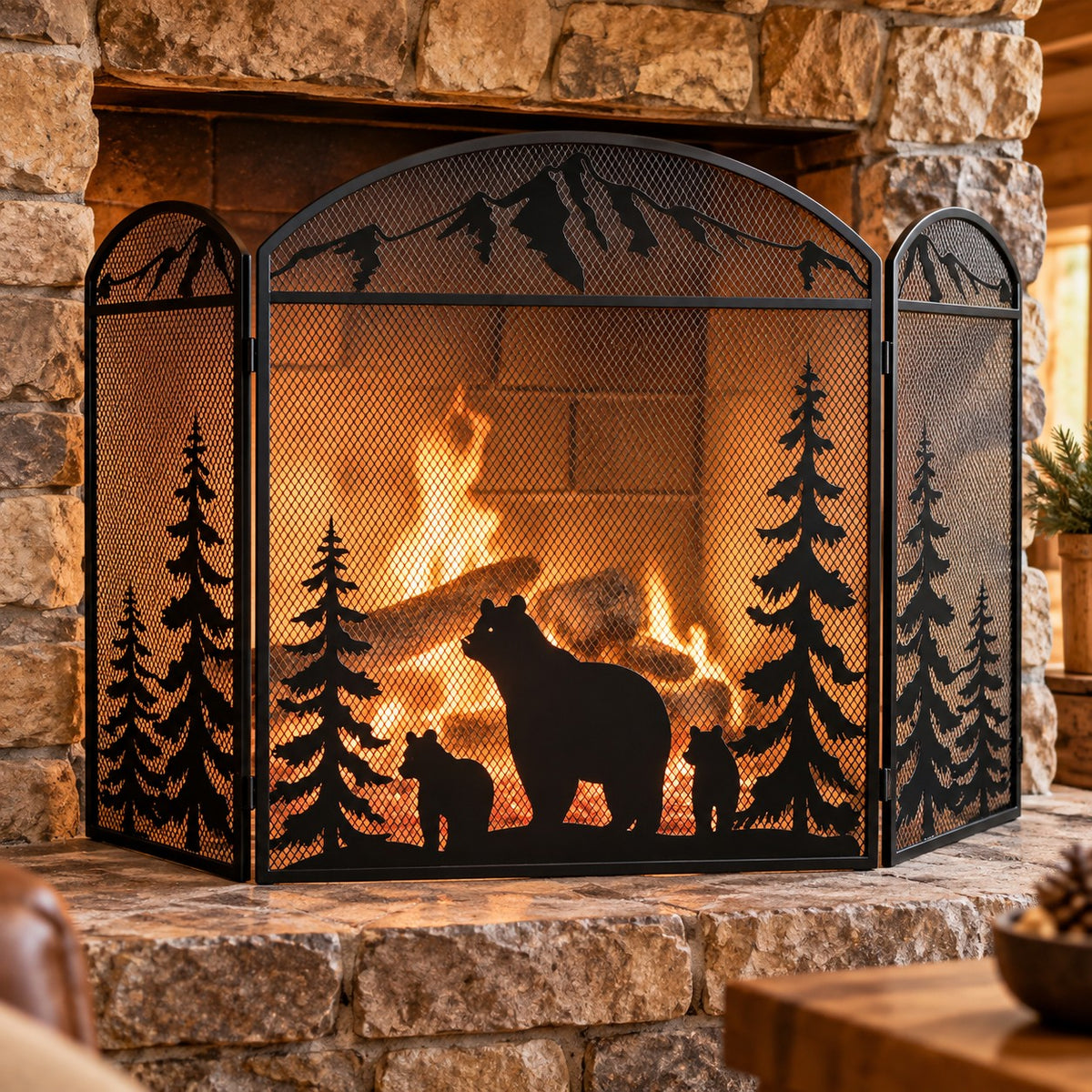 Rustic Bear and Cubs Forest Fireplace Screen, 3 Panel Arched, 48 x 30 Inch
