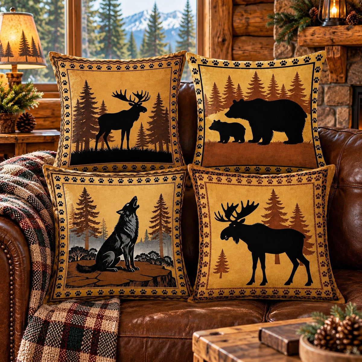 Wildlife Silhouette Pillow Covers, Moose Bear Wolf Elk, 18 x 18, Set of 4