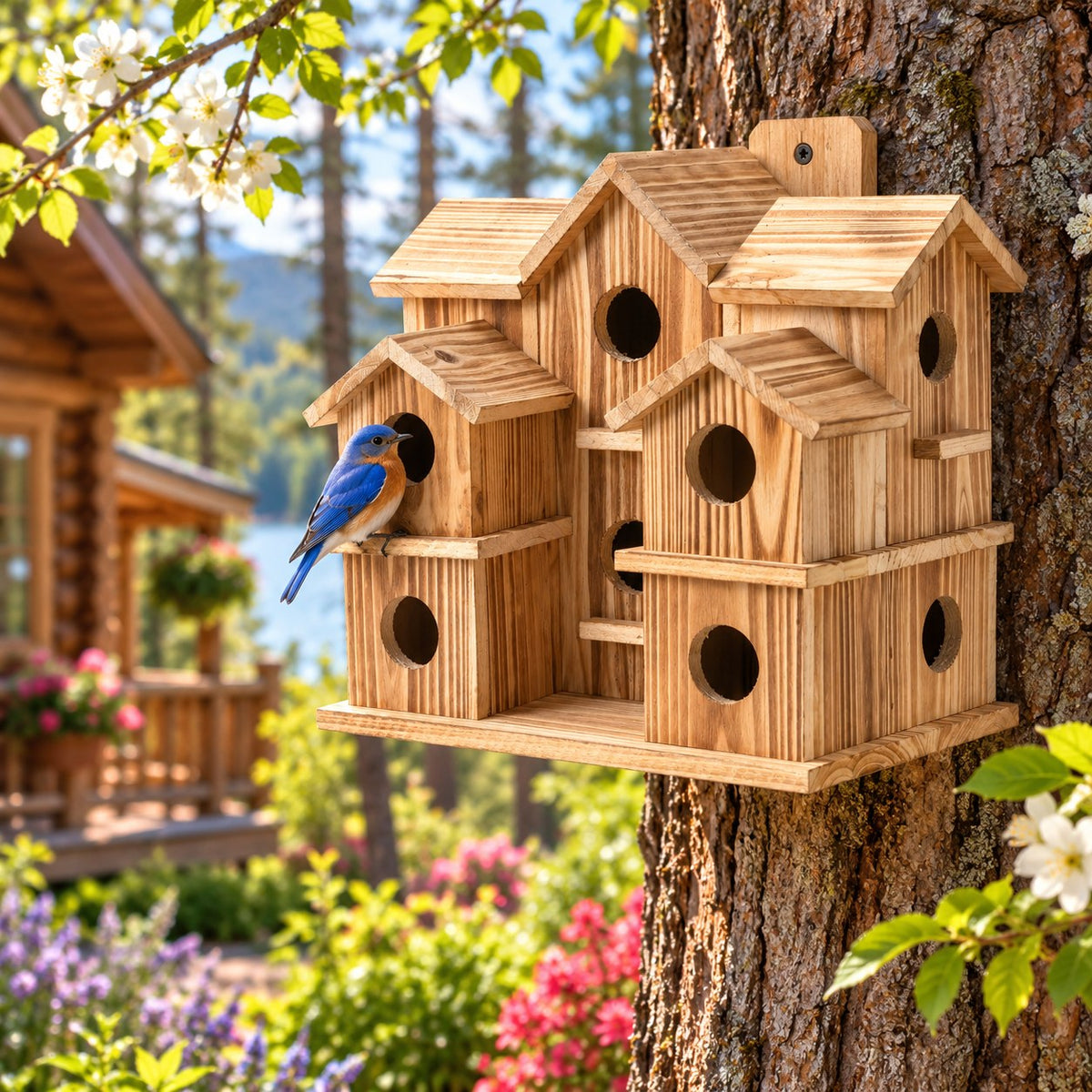 Wooden cottage style bird house with a bluebird on a tree in spring