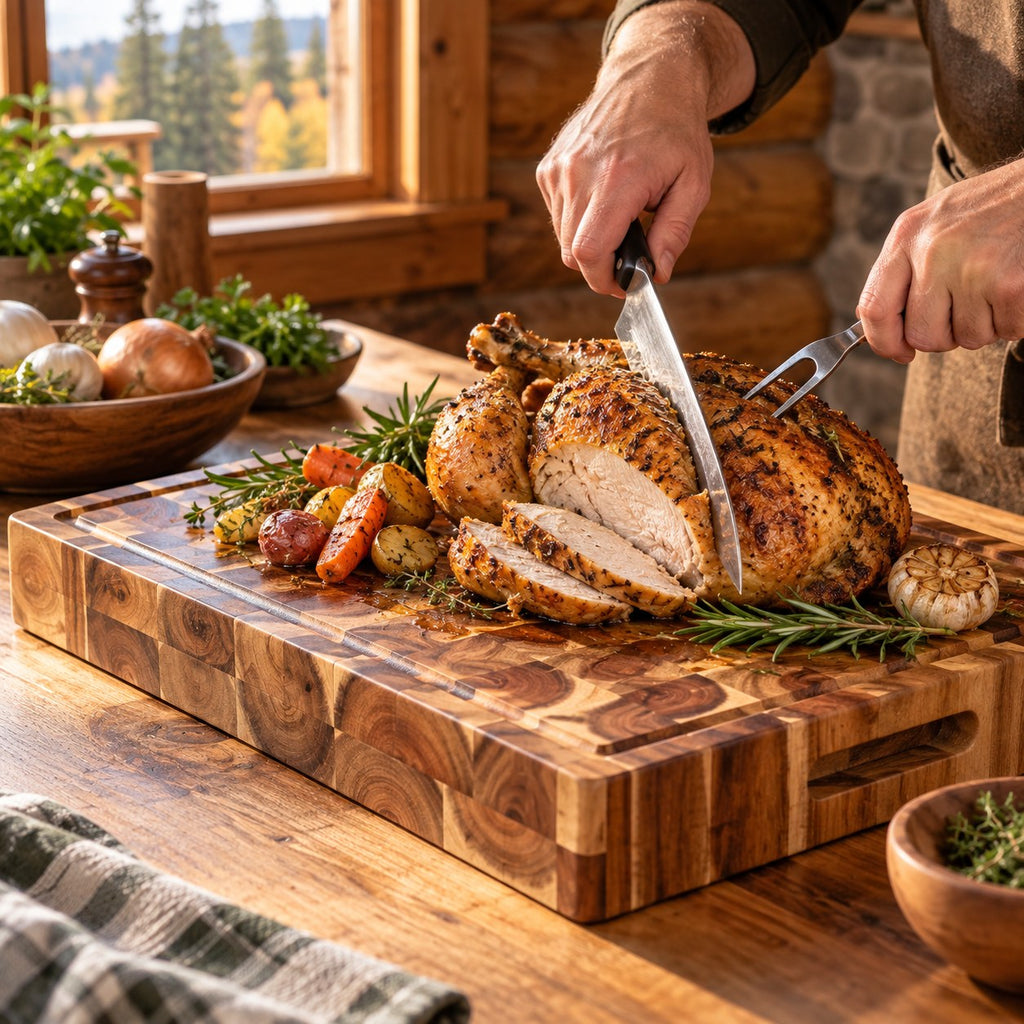 End grain acacia cutting board with a roast chicken in a rustic cabin kitchen