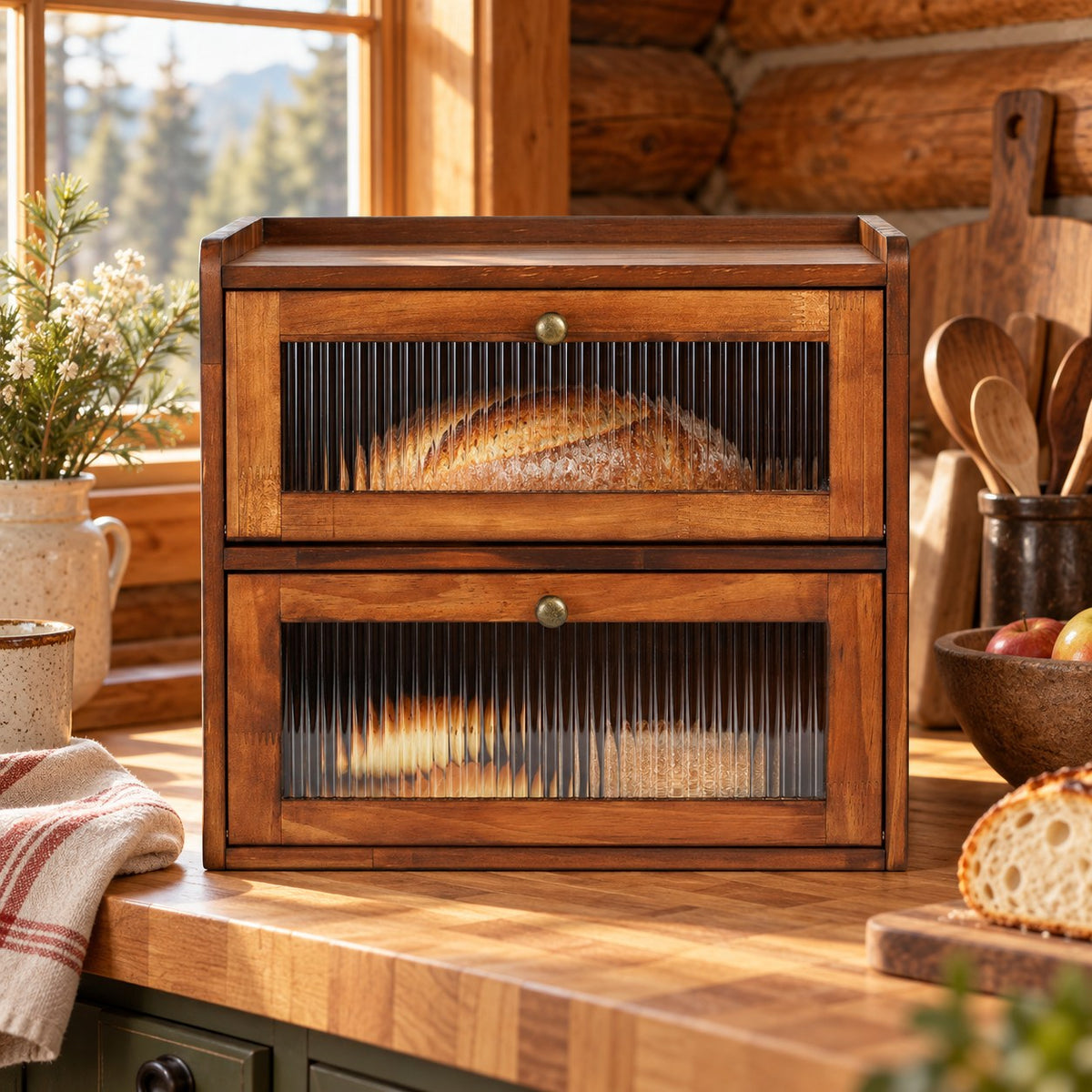 Wooden double layer bread box with a sourdough loaf on a cabin kitchen counter