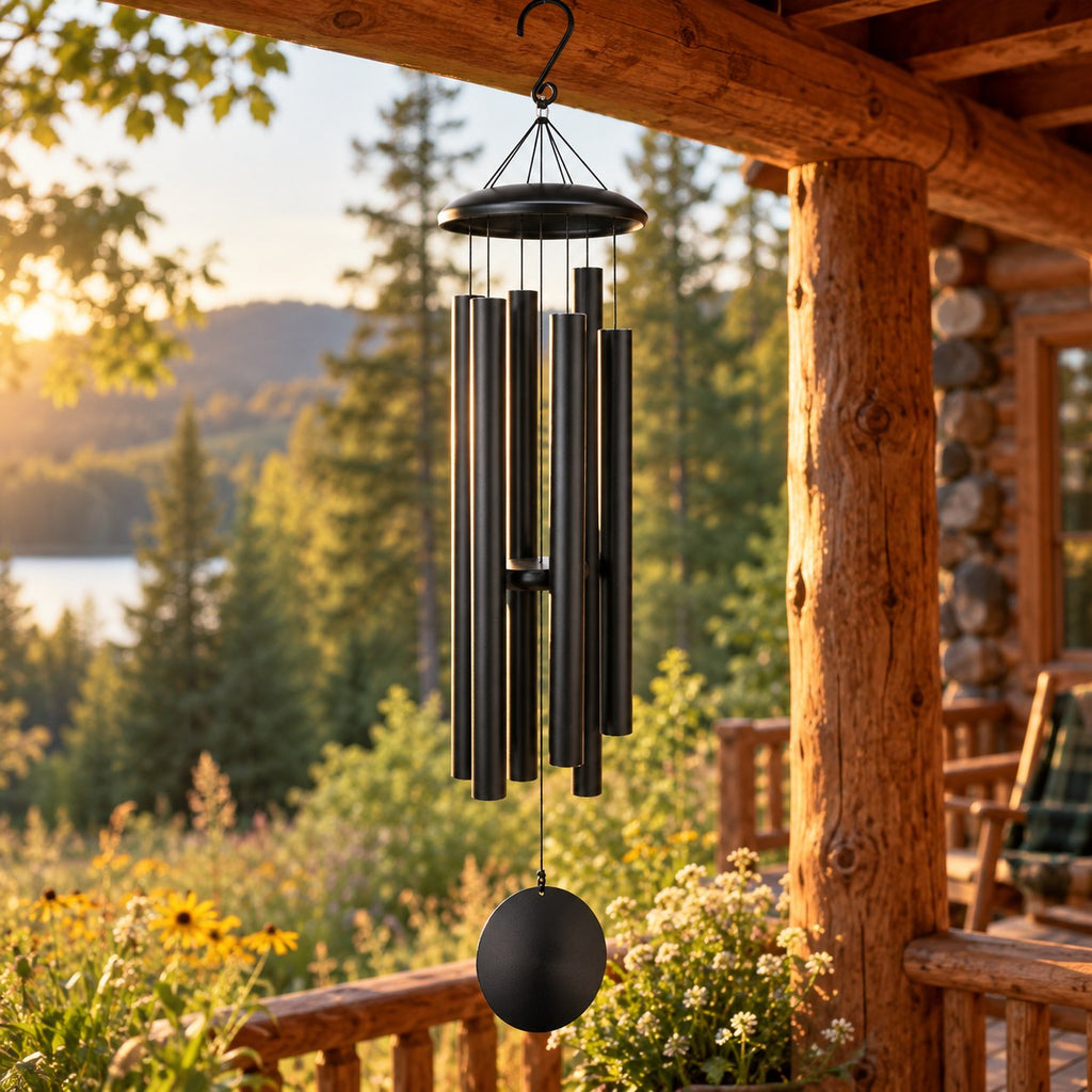 Black 45 inch deep tone wind chimes hanging from a log cabin porch