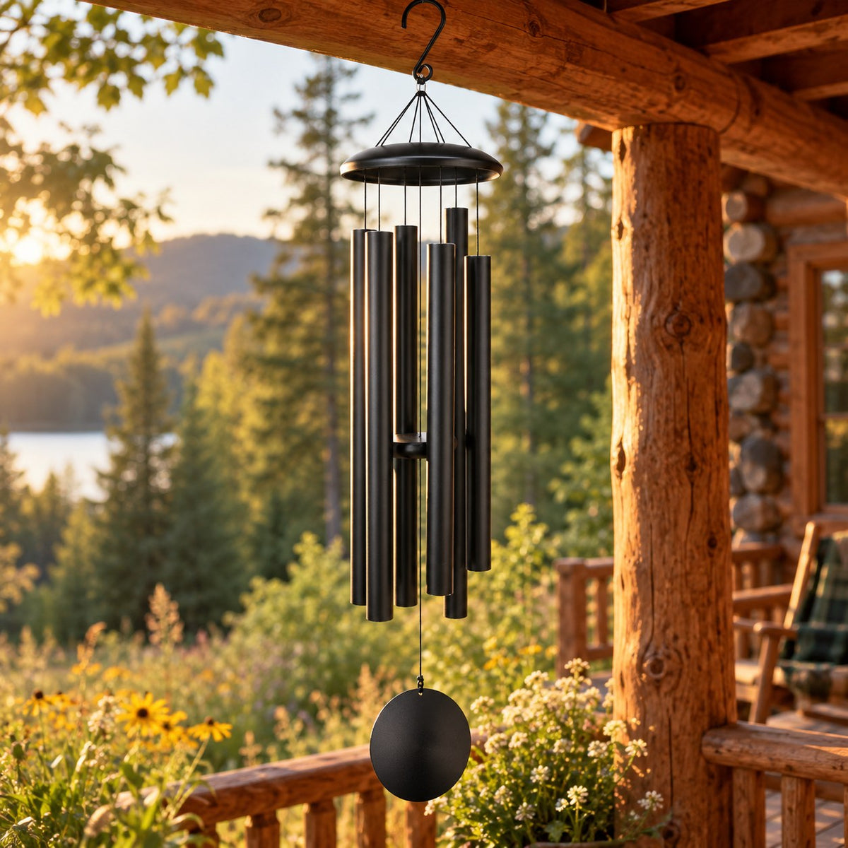 Black 45 inch deep tone wind chimes hanging from a log cabin porch