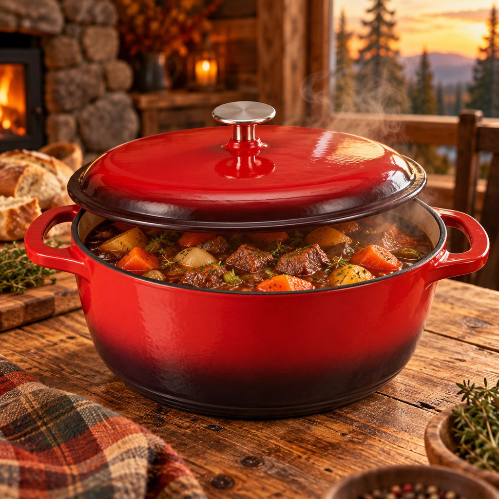 Red enameled cast iron dutch oven with beef stew in a log cabin kitchen
