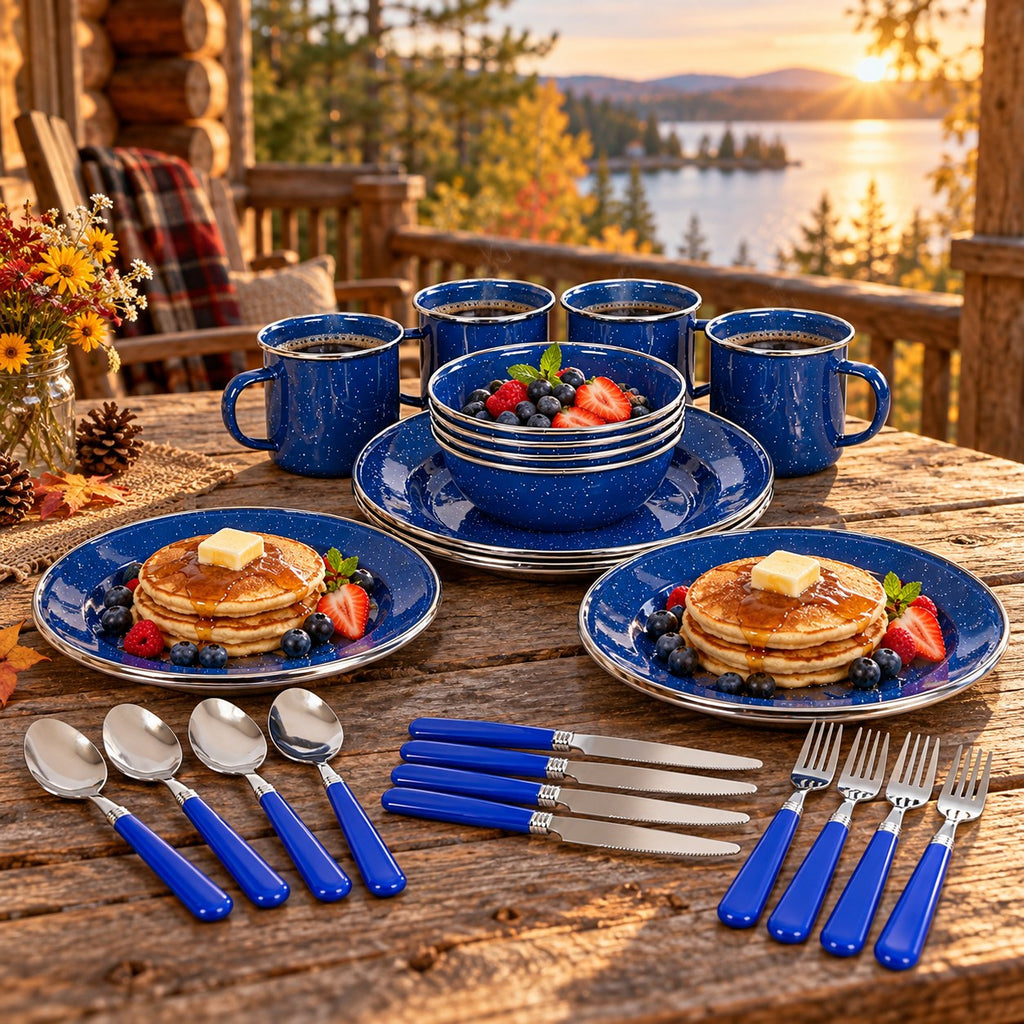 Blue speckled enamel dinnerware set on a cabin porch table at golden hour
