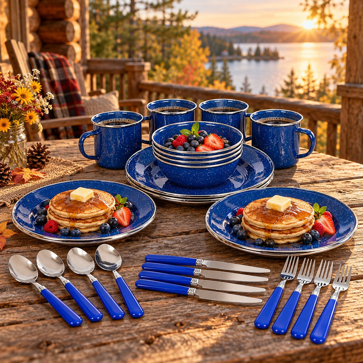Blue speckled enamel dinnerware set on a cabin porch table at golden hour