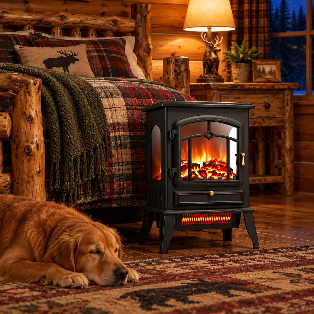 Electric fireplace stove warming a rustic cabin bedroom at night