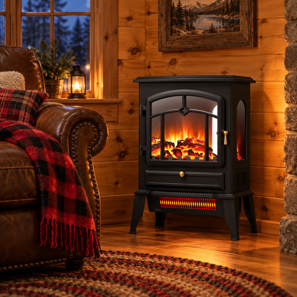 Black electric fireplace stove glowing in a knotty pine cabin living room