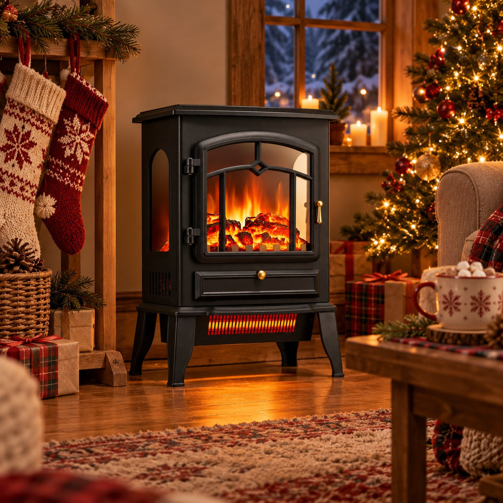 Electric fireplace stove glowing beside a Christmas tree and stockings