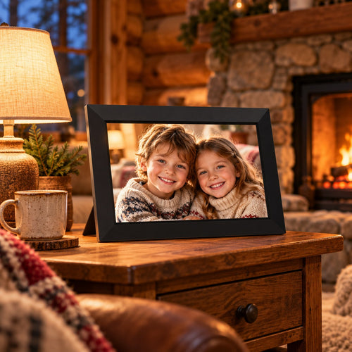 WiFi digital photo frame on a cabin side table