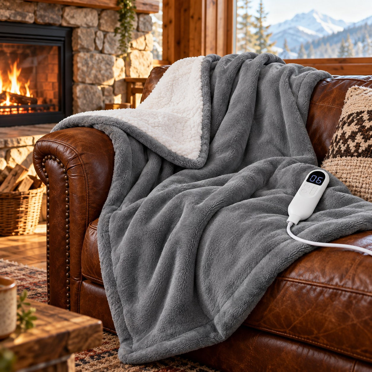 Grey heated throw blanket with sherpa back on a leather sofa by a cabin fireplace