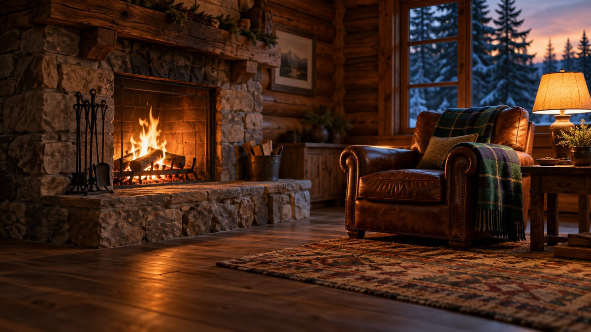 Log cabin living room with a stone fireplace, iron fireplace tools, a leather armchair with a plaid wool throw and a glowing table lamp