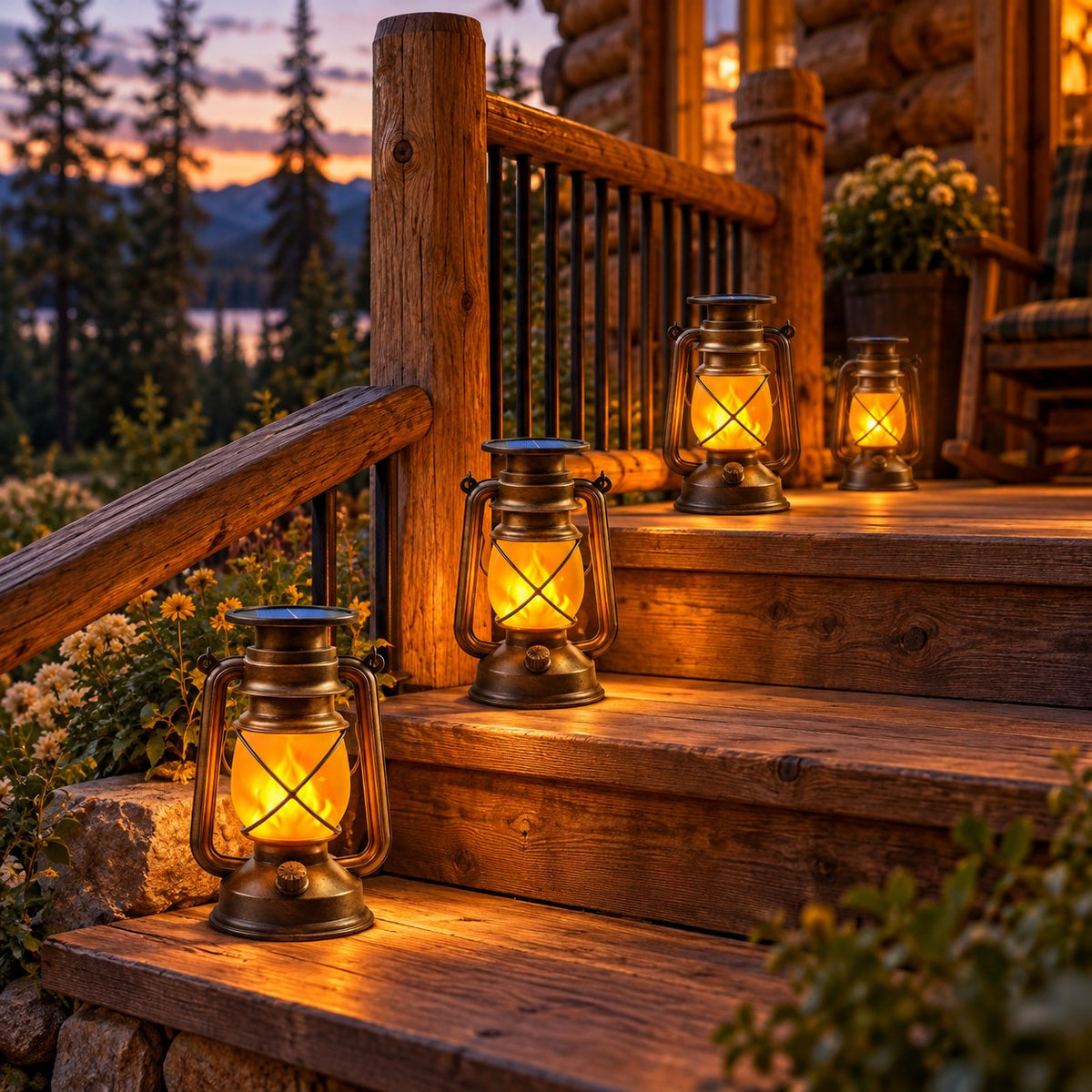 Four bronze vintage solar lanterns glowing on log cabin porch steps at dusk