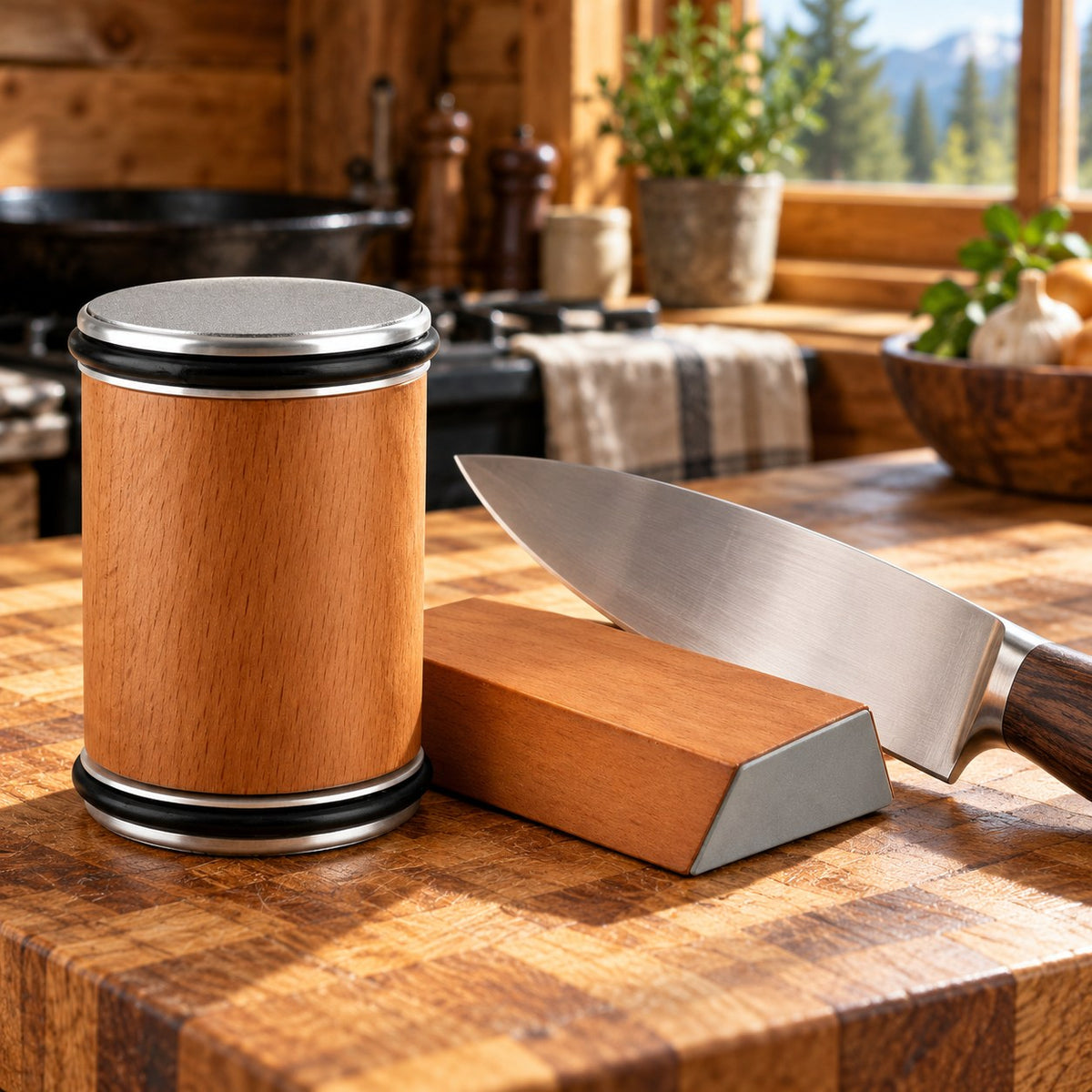 Rolling knife sharpener and angle guide on a butcher block in a cabin kitchen