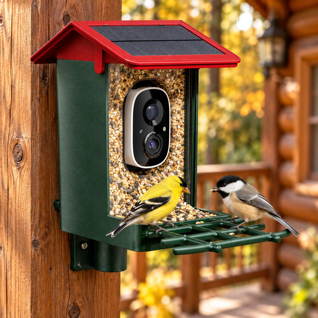 Solar bird feeder with camera on a cabin porch post with a goldfinch and a chickadee