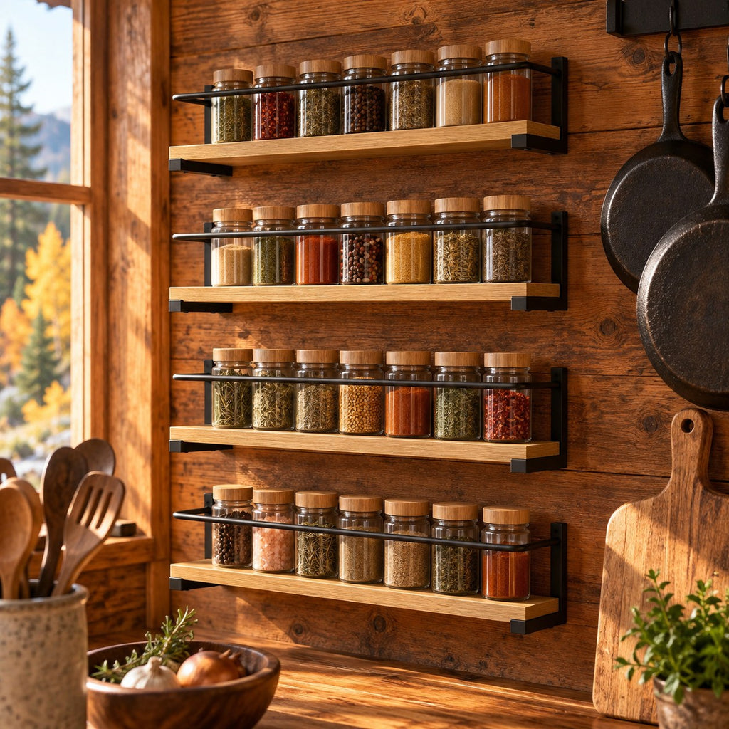 Four wood and black metal spice racks on a cabin kitchen wall