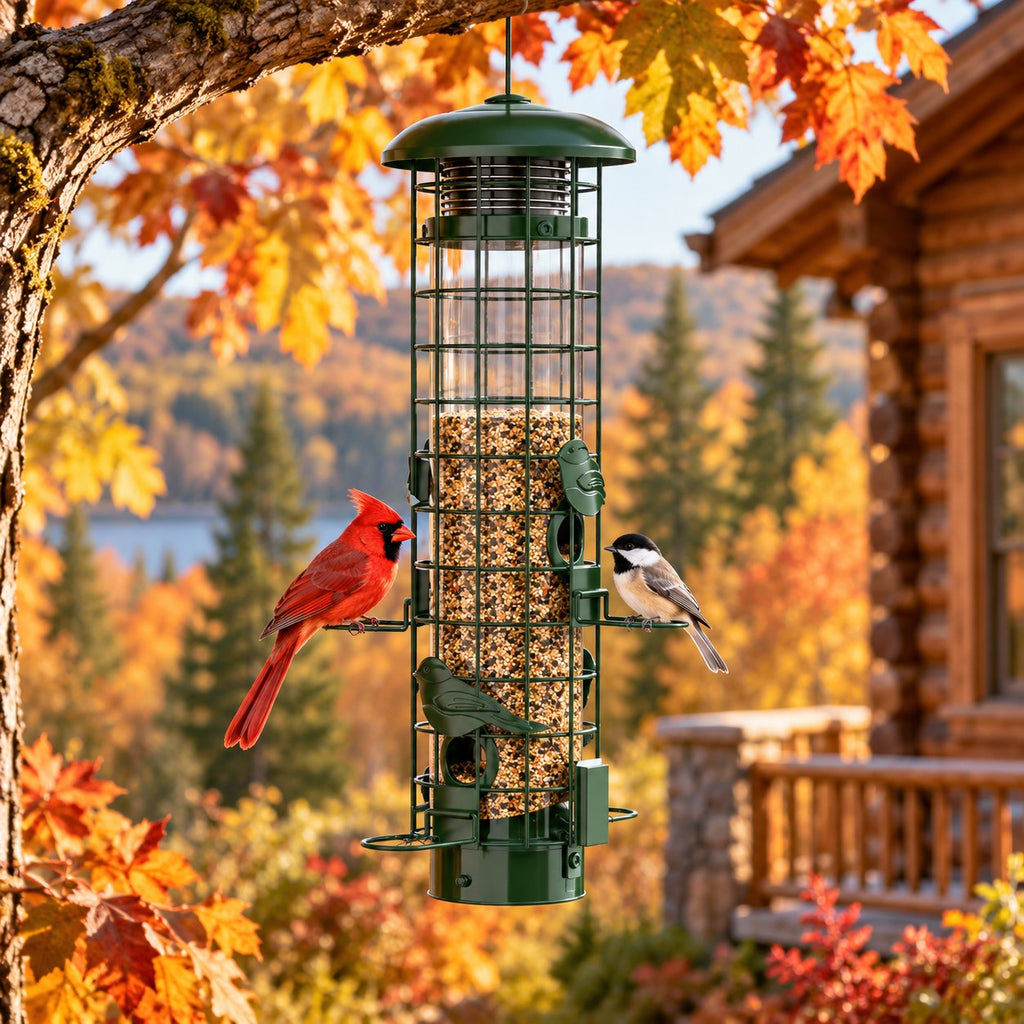 Green squirrel proof tube bird feeder with a cardinal in fall by a cabin