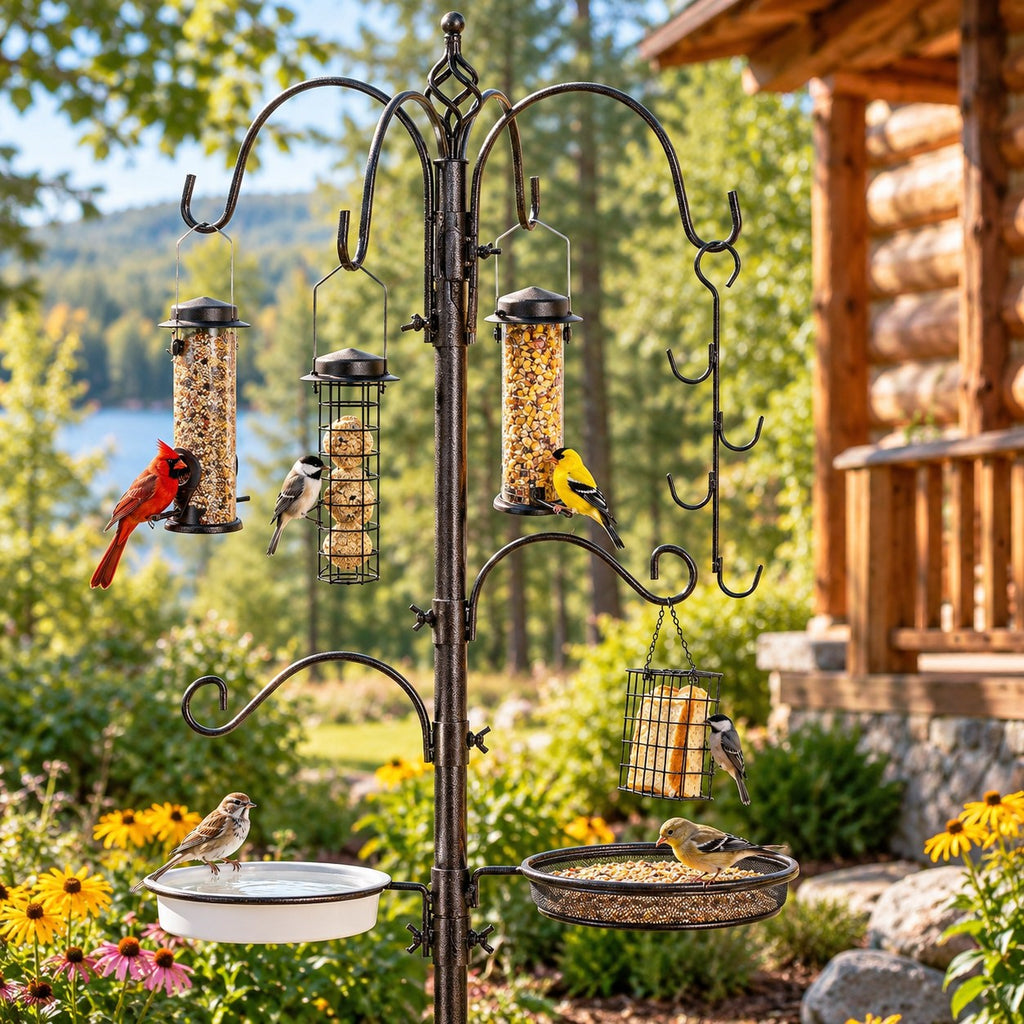 Bird feeding station with feeders and songbirds in a summer backyard by a cabin