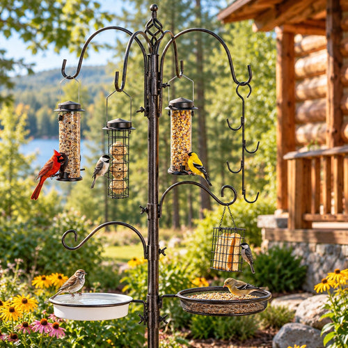 Bird feeding station with feeders and songbirds in a summer backyard by a cabin
